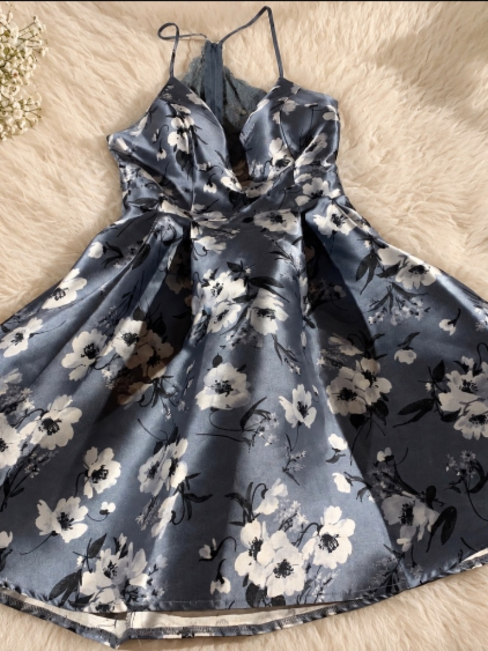 B Darlin Blue & Black Floral Satin Lace Back Fit & Flare Dress – Like New